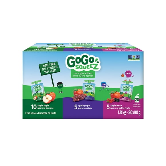 GoGo squeeZ Fruit Sauce Variety Pack, Apple, Grape, Berry, No Sugar Added. 90g per pouch, Pack of 20, 1.8kg