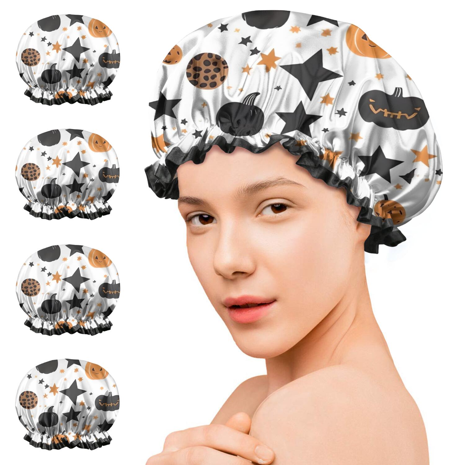 Shower Caps,Halloween Pumpkin Star Pattern Waterproof Shower Cap for Women 4 Pieces,Double Reusable Hair Cover for Shower PEVA Elastic Stretch Hem