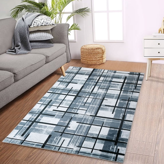 Modern Area Rug, Geometric Pattern Print Velvet Plush Carpet Distressed Accent Rug