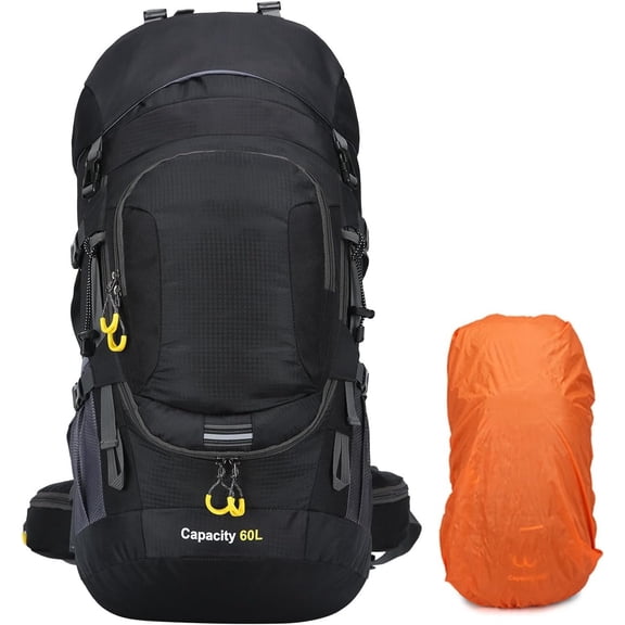 GKXLH Hiking Backpack for Men/Women, 60L Camping Backpack Travel Bag with Waterproof Rain Cover, Multi-Compartments, Adjustable Straps (Black)