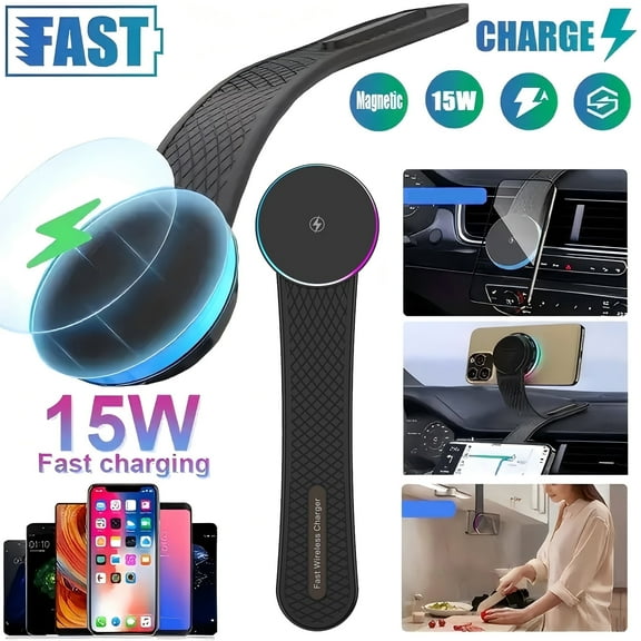 Jous 15W Only for iPhone MagSafe Car Mount Charger, 360% Adjustable Aluminum Alloy Arm, Relocatable Car Phone Holder, Magnetic Wireless Fast Charging, Cell Phone Holder for All Car Models, Black