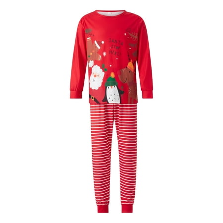 

Christmas Parent-Child Family Pajamas Long Sleeve Cartoon Letters Striped Print Crew Neck Tops+ Long Trousers Set/Romper Sleepwear