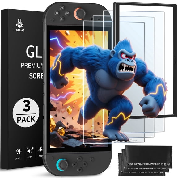 FUNLAB 3-Pack Screen Protector for Switch 2 with Auto-Alignment 2025, Anti-Blue Light Tempered Glass, Ultra-Clear