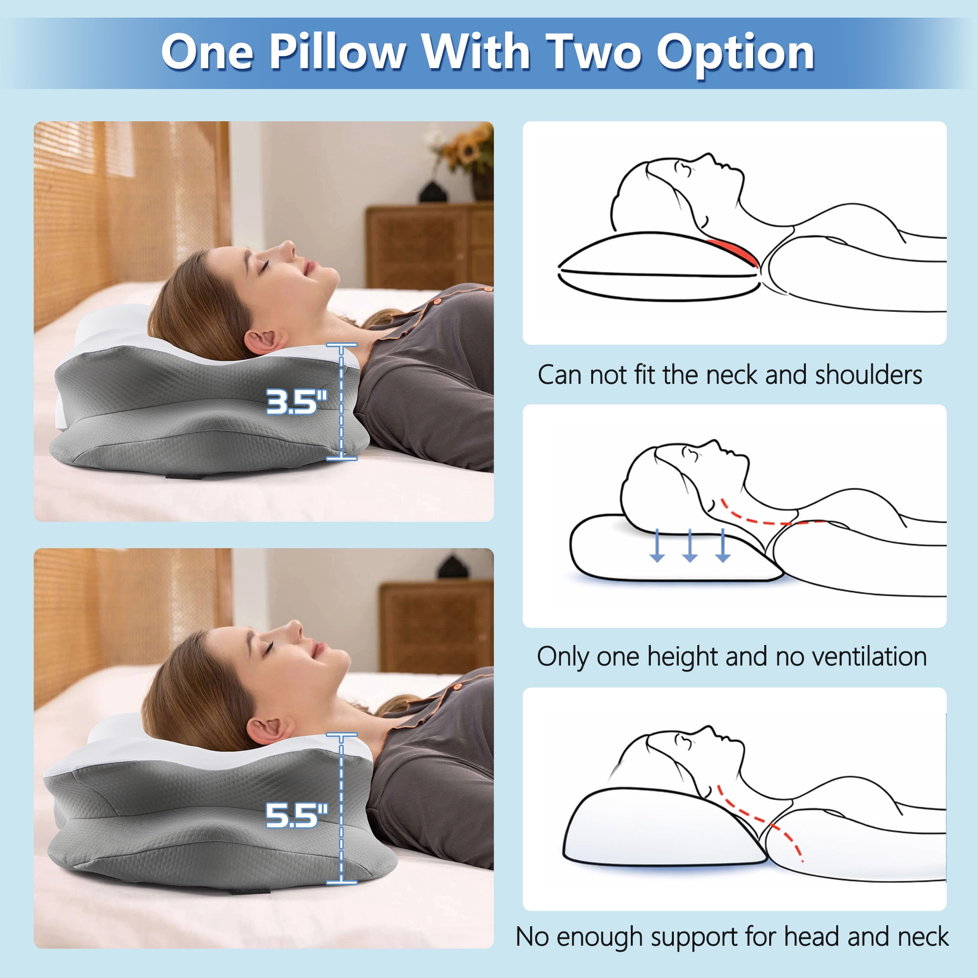 KAIPARA Memory Foam Contour Bed Pillow for Sleeping, Dual-Height Support, Removable Washable Cover, for Back, Side and Stomach Sleepers, Gray