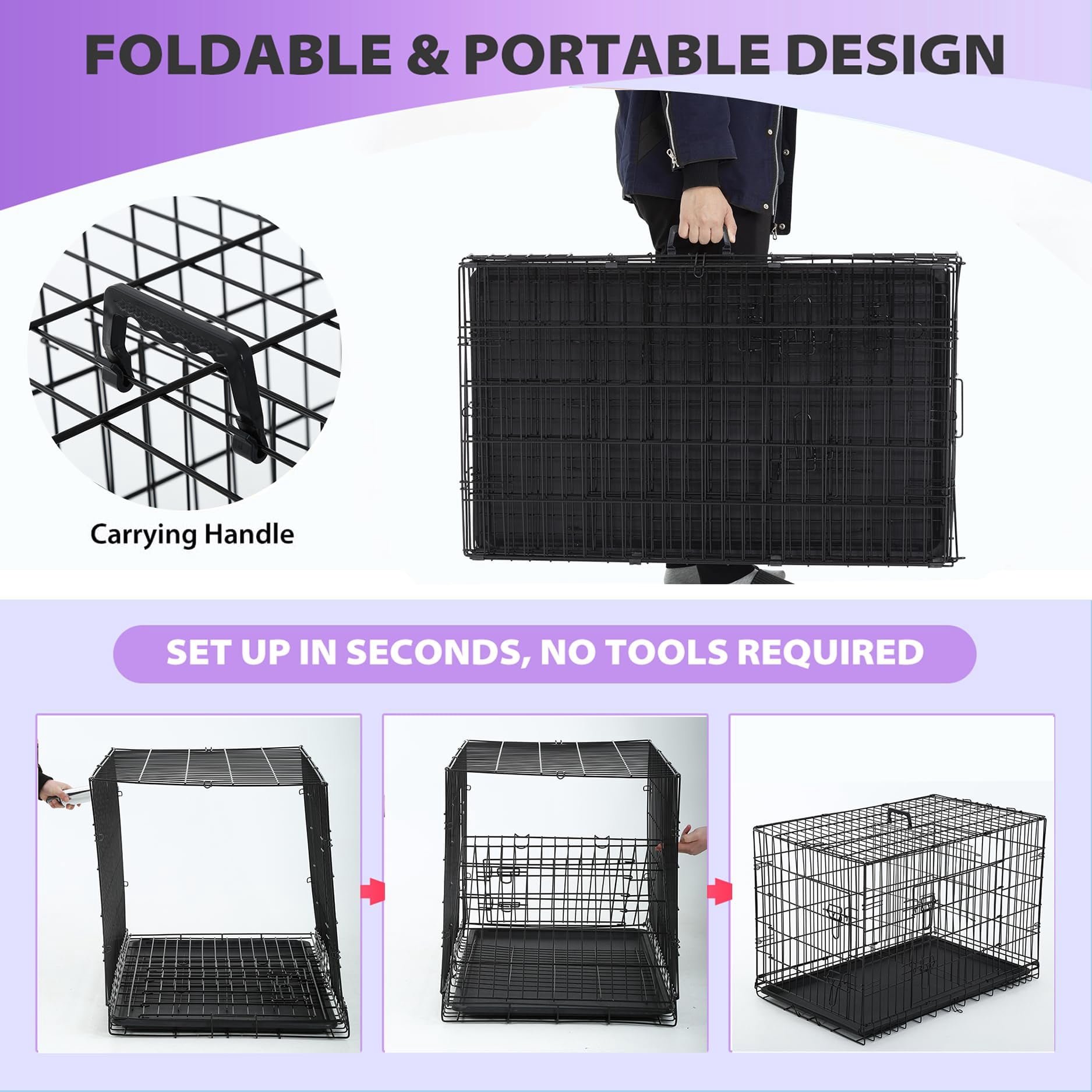 BORGEBY 48 Inch Dog Crates for Large Dogs Folding Metal Wire Crates Dog Kennels Outdoor and Indoor Pet Dog Cage Crate with Double-Door,Black