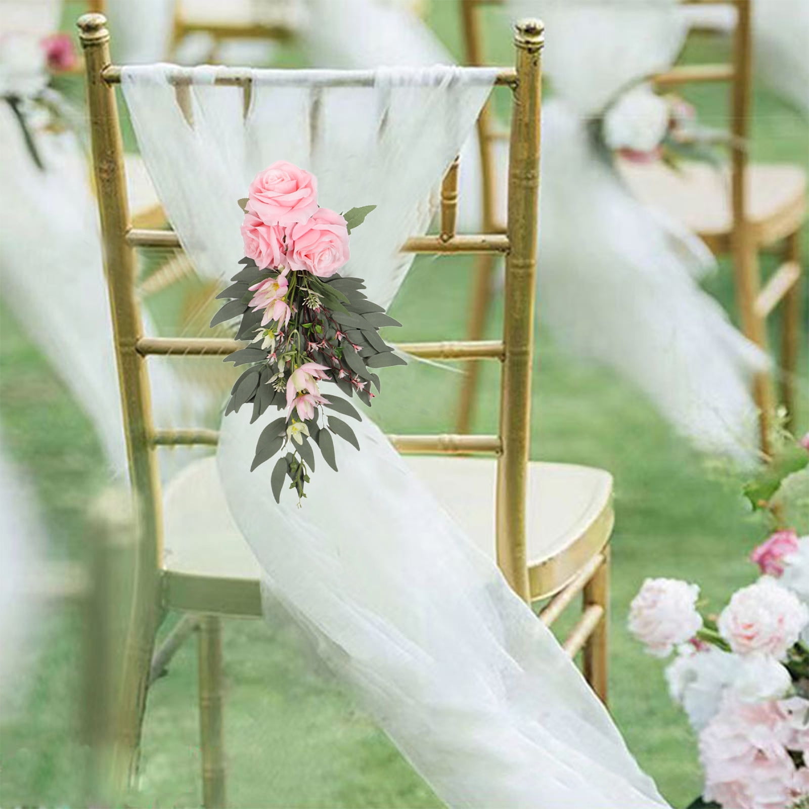 Specollect Clearance 4Pcs Wedding Aisle Decorations Pew Flowers for Wedding Ceremony Party Chair Decor with Artificial Flowers Eucalyptus and Ribbons