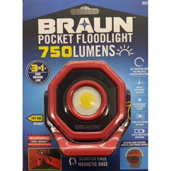 BRAUN 750 Lumen Rechargeable Ultracompact Magnetic LED Floodlight, Red