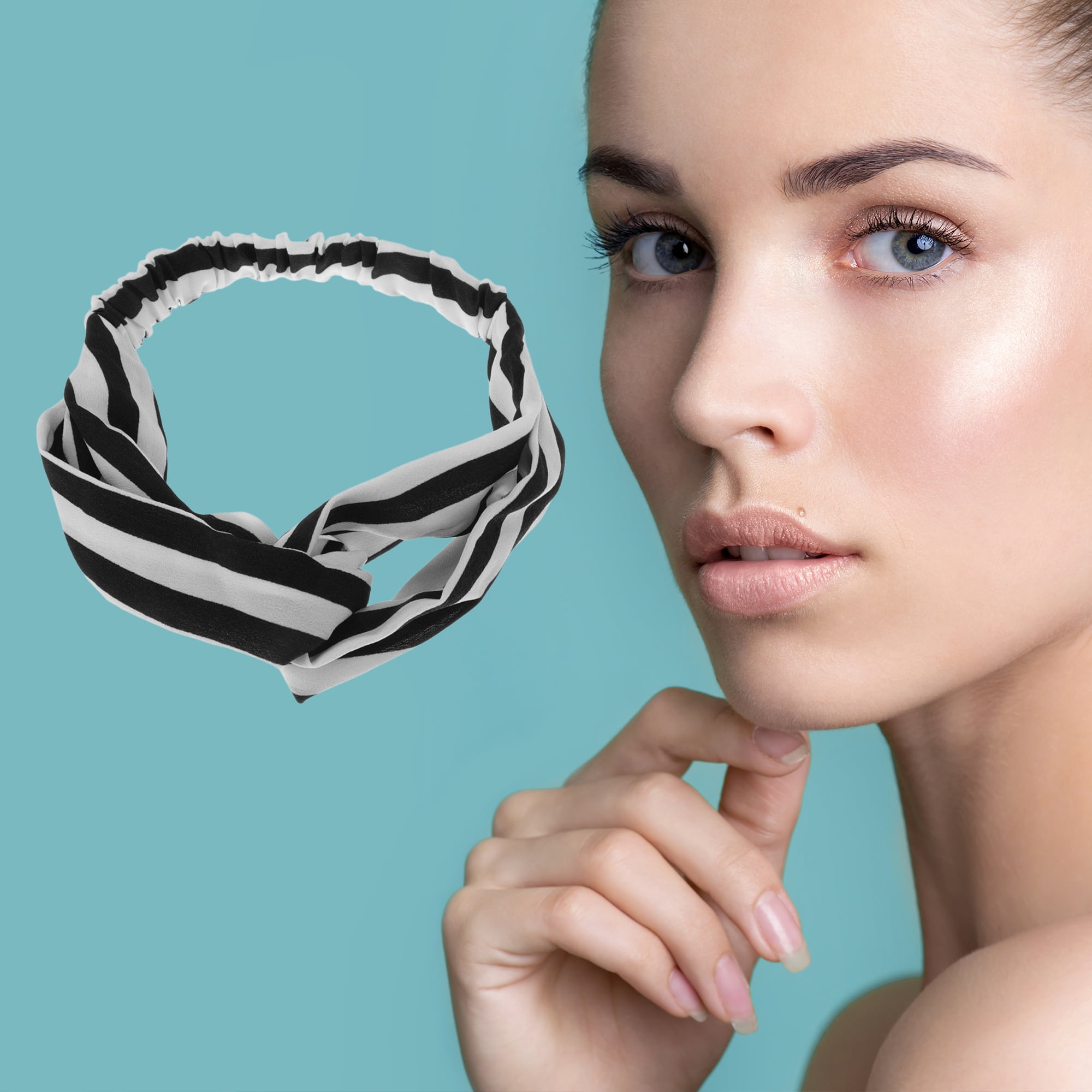 Unique Bargains Fashion Stripe Pattern Cross Elastic Hairband1 Pc White Black
