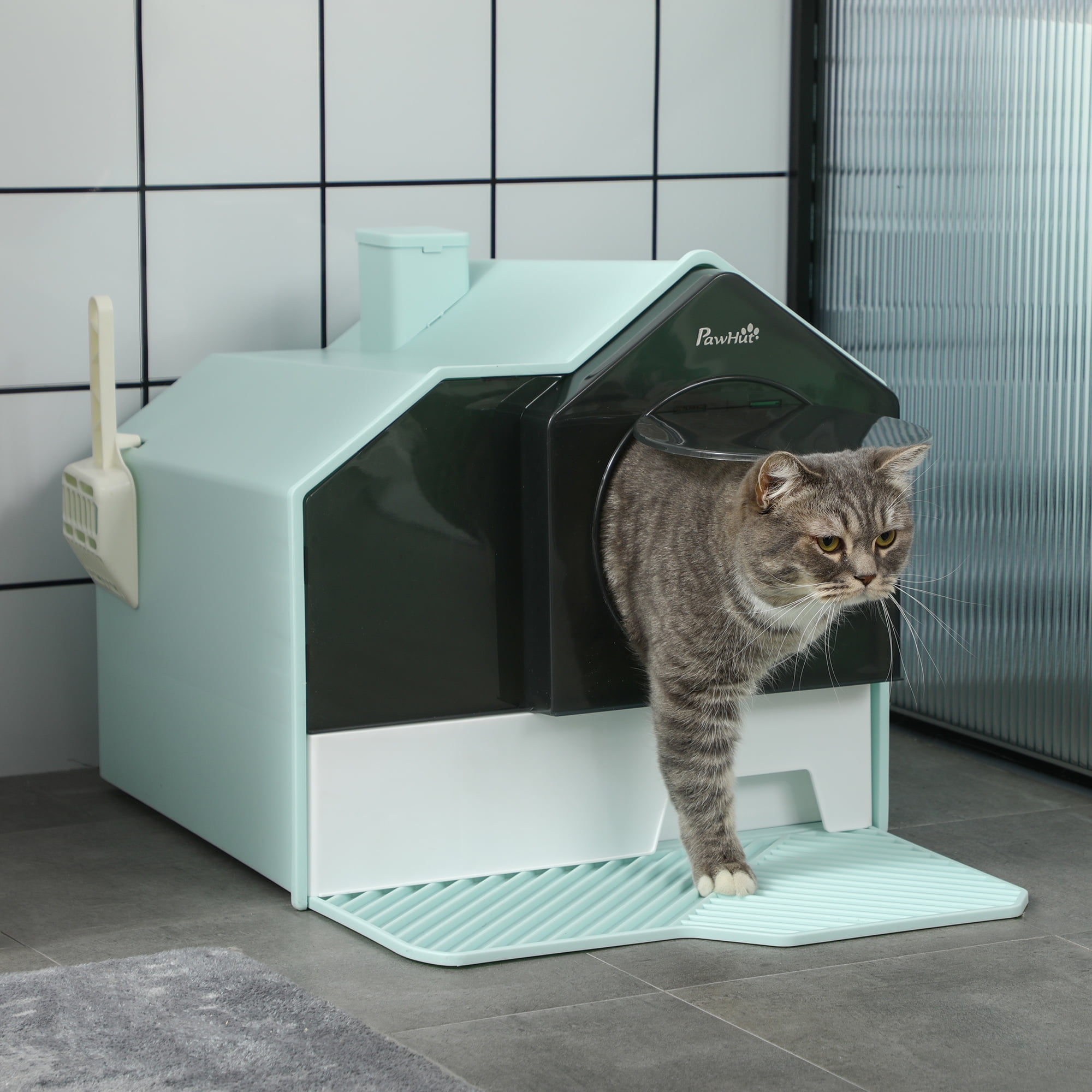 Hooded Cat Litter Box with Litter Mat Odor Control Pull-Out Drawer Handle Scoop Enclosed Kitty Litter Pan Light Blue