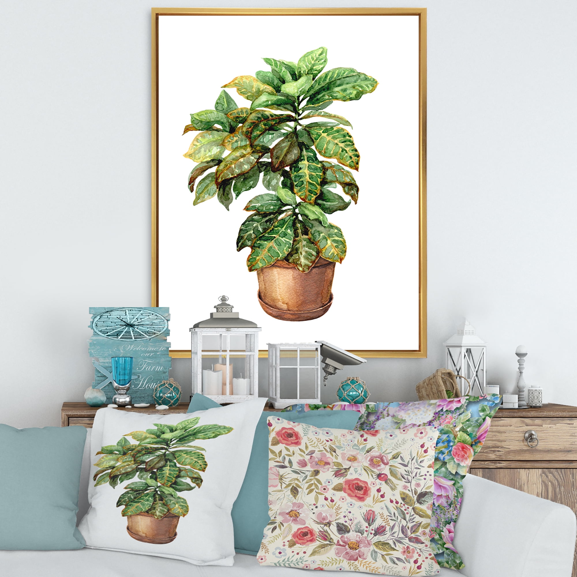 Designart 'Green Croton In Clay Flowerpot' Traditional Framed Canvas Wall Art Print