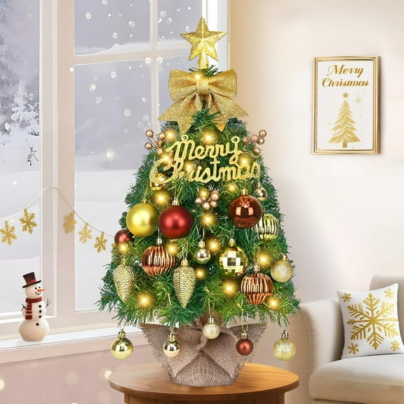 Grinzy 2FT Mini Christmas Tree with Globe Lights, Artificial Small Tabletop Christmas Tree Battery Operated Little Xmas Tree with Hanging Ornaments for Small Space,Christmas Decor for Indoor Home