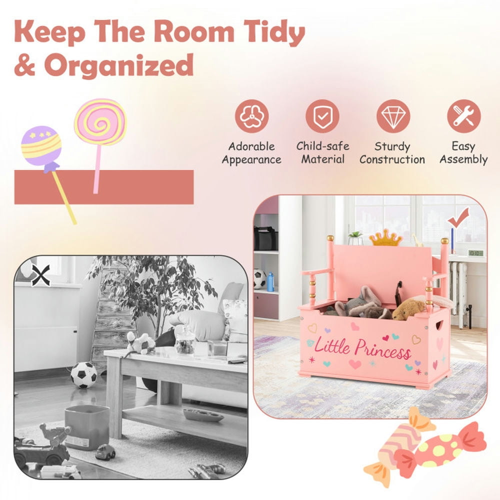 Resenkos 2-In-1 Kids Princess Wooden Toy Box with Safe Hinged Lid-Pink, Kids Toy Storage for Kids, Boys, Girls, Nursery