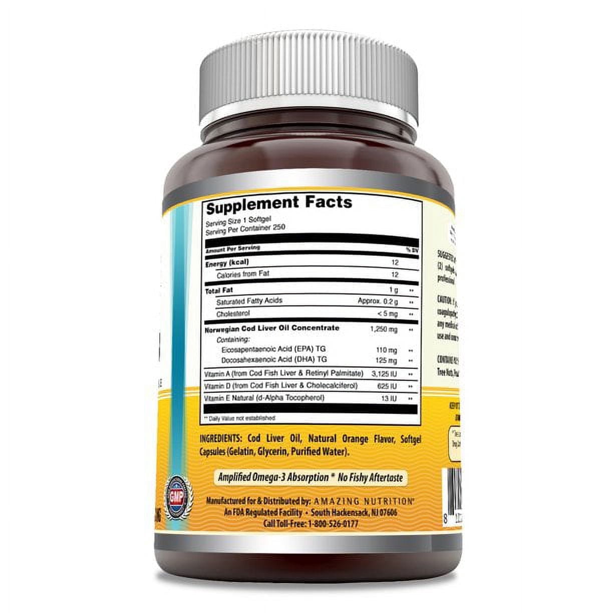 Amazing Omega Norwegian Cod Liver Oil 1250 Mg Per Serving 250 Softgels Supplement | Orange Flavor | Omega-3, EPA, DHA, Vitamin A, Vitamin D & Vitamin E