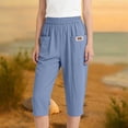 thumbnail image 2 of TQWQT Linen Capri Pants for Women Drawstring Cropped Pants Wide Leg Elastic Waist Light Weight Pants Dressy Casual Pedal Pushers with Pockets Blue XL, 2 of 3