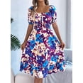 thumbnail image 4 of Women's Short Sleeve A Line Dresses Square Neck Flowy Floral Smocked Midi Dress for Casual Blue M, 4 of 10