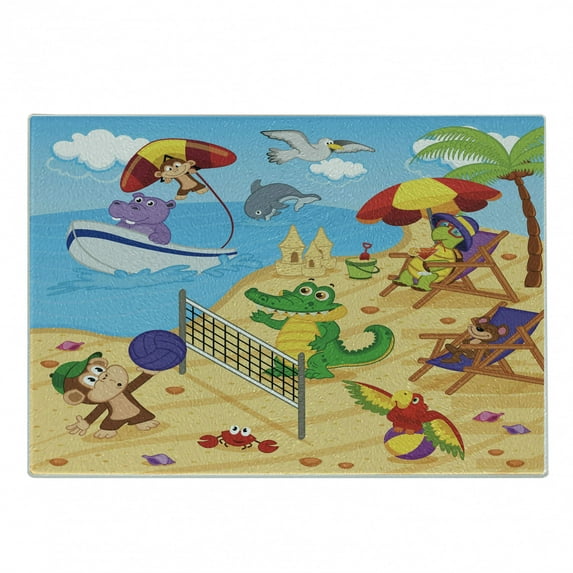 Animal Cutting Board, Cartoon Animals Playing on Beach Monkey Hippo Dolphin Exotic Summer Illustration, Decorative Tempered Glass Cutting and Serving Board, Small Size, Multicolor, by Ambesonne