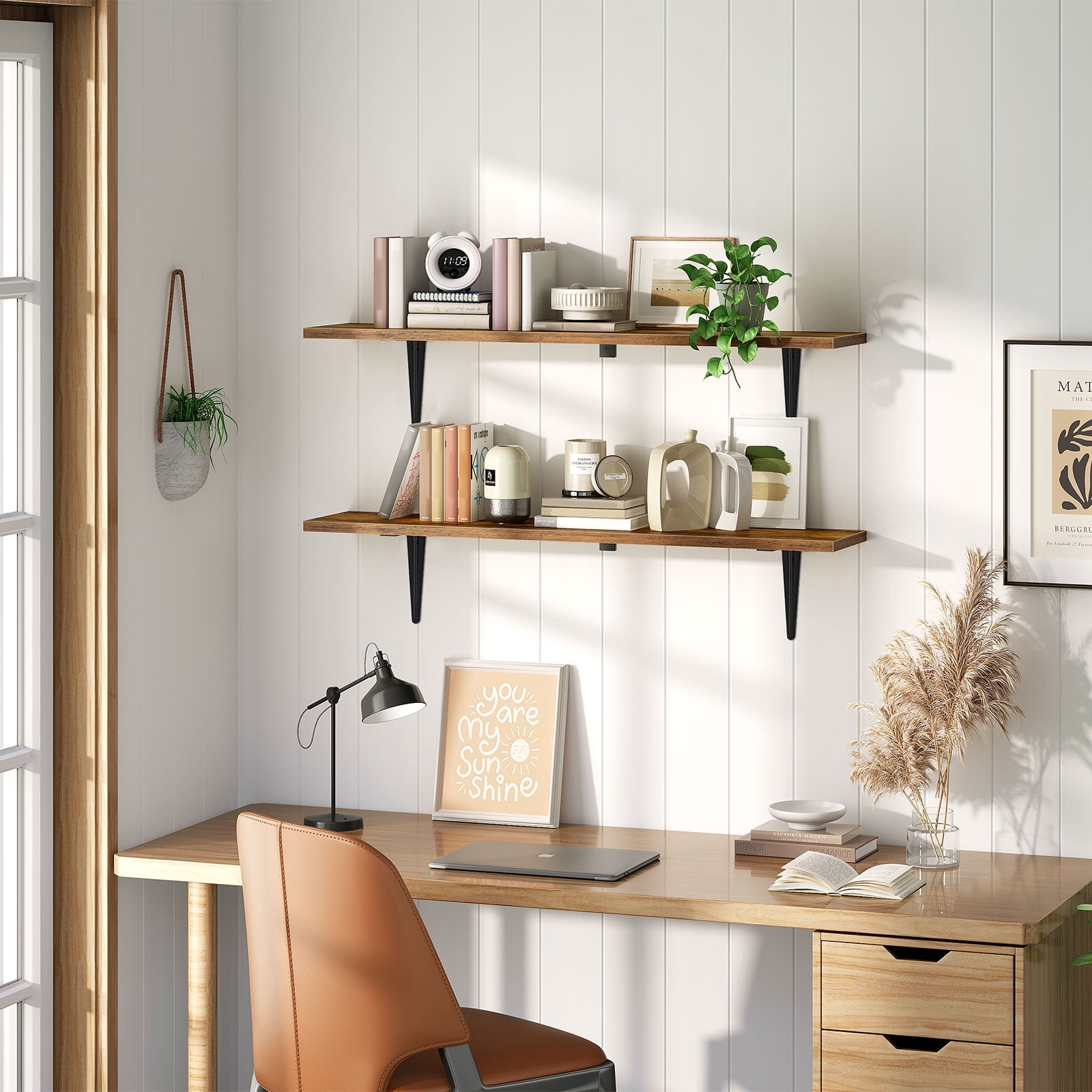HOOBRO Set of 2 39.4-Inch Floating Wall Shelves with Metal Brackets, Rustic Brown