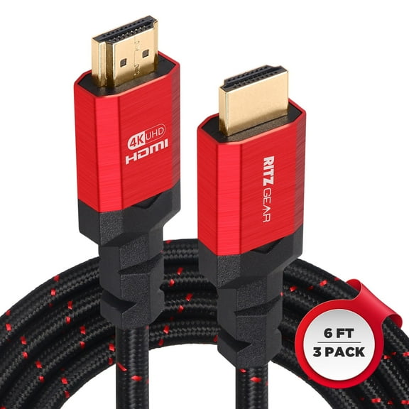 Ritz Gear 4K HDMI Cable 6 ft [3 Pack] with Braided Nylon Cord & Gold Connectors