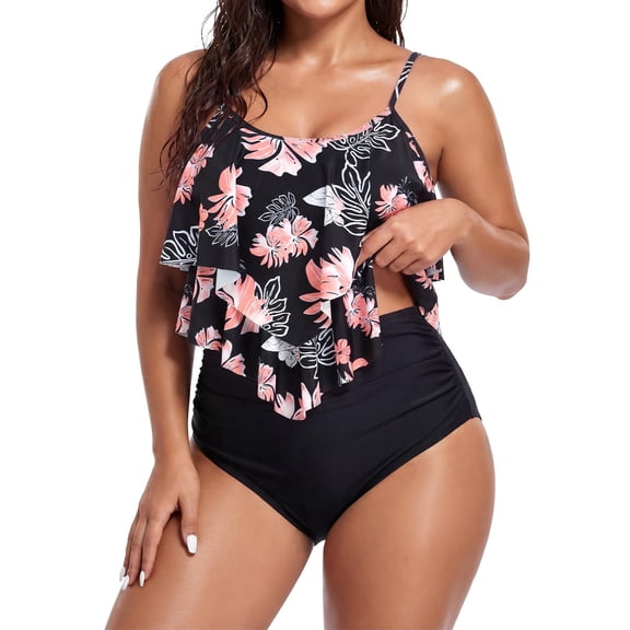 Zando High Waisted Tankini Bathing Suits for Women Modest Swimsuits with Ruffle 2 Piece Tummy Control Swimwear Pink Flowers Black L