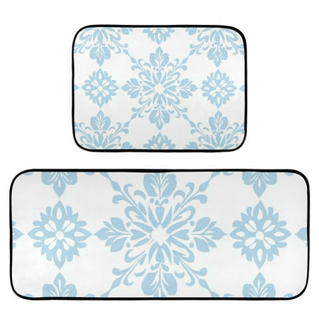 

Light Blue Floral Patterns Rug Carpets Floor Mats Non-slip Water Absorption Set of 2 for Kitchen Bathroom Laundry