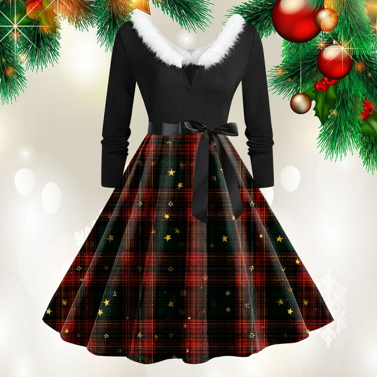 1950s christmas party dresses Christmas Party A Line Retro Dress Women's Vintage 1950s Christmas Party  Dress Long Sleeve V-neck