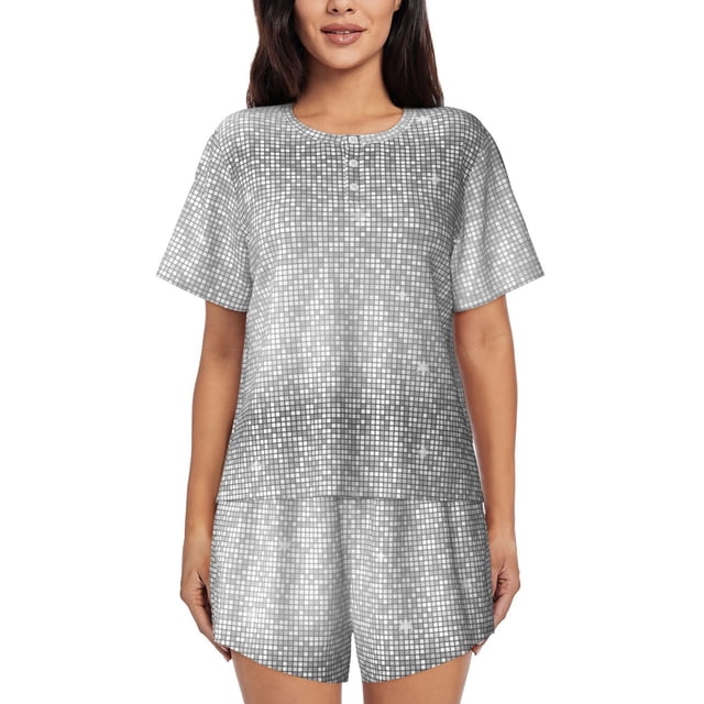 Fotbe Silver Mosaic Conjunto de Pijama Estampado para Mujer, 2 Piezas, Ropa de Dormir con Camiseta de Manga Corta y Shorts Suaves-Small