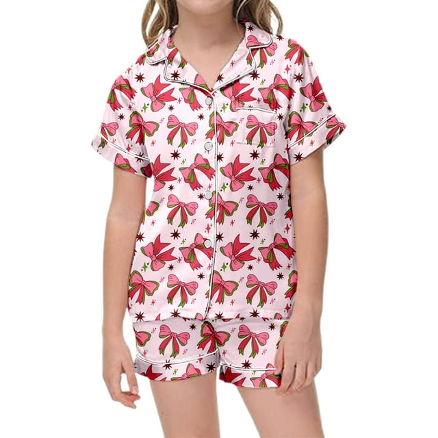 Kids Pajamas Girls Kids Girls Heart Printed Lapel Short Sleeve Top and Shorts Satin Pajamas Set with Buttons Designed Pyjama Bebe Fille Pink 4 Years-5 Years