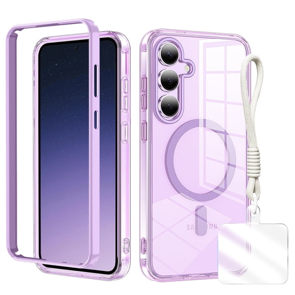 Clear Shockproof Samsung Galaxy S24 Case with Hand Strap, Anti-Yellow Hard PC Back & Soft TPU Bumper Protective Cover, Compatible with Mag-Safe Phone Case for Samsung Galaxy S24 Cover,Lightpurple