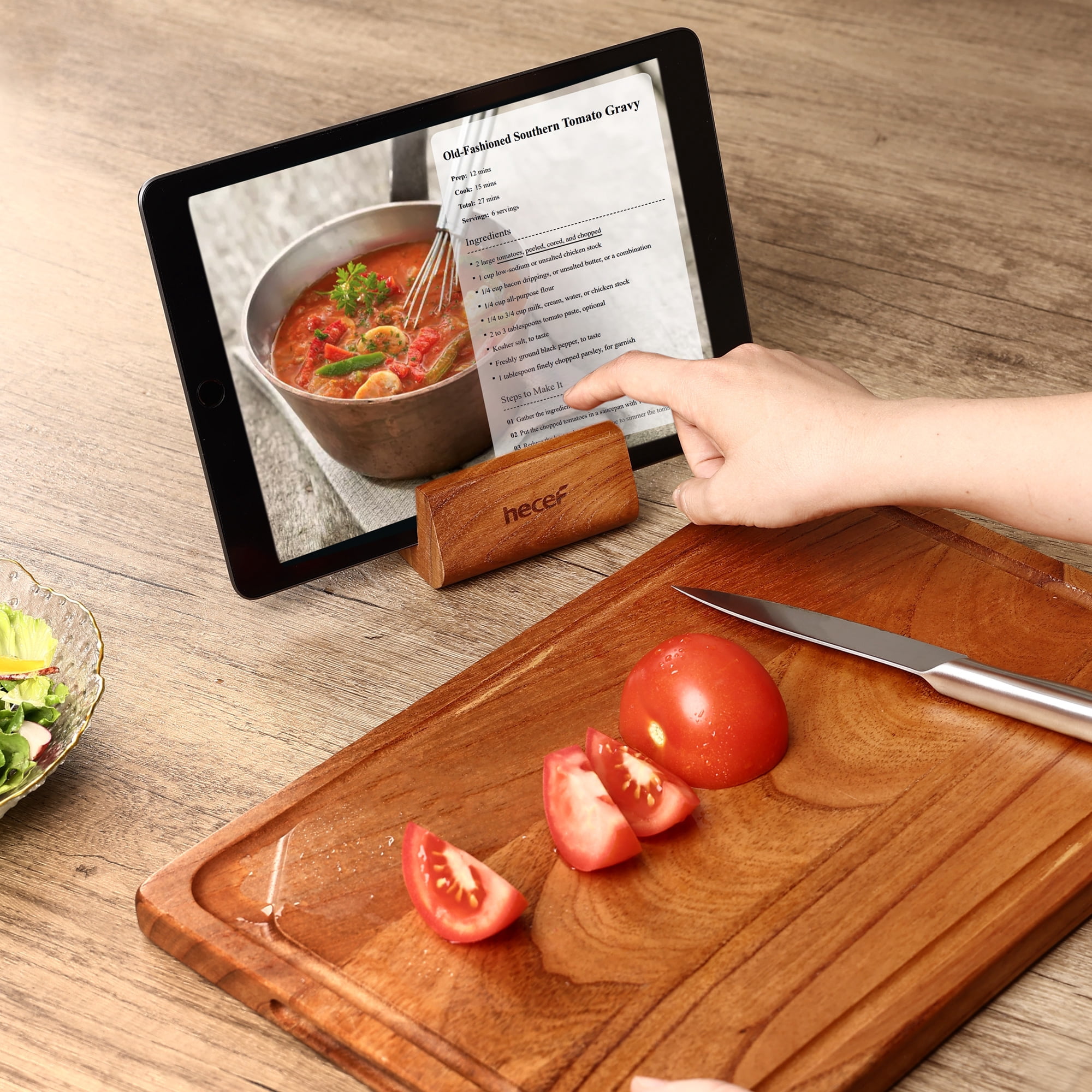 Hecef 3PCS Wood Cutting Board Set with Holder, 15 Inch Serving Board for Kitchen Meal Prep & Serving