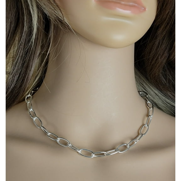 Silver Tone Narrow Cable Chain Choker Necklace Womens Adult Fashion