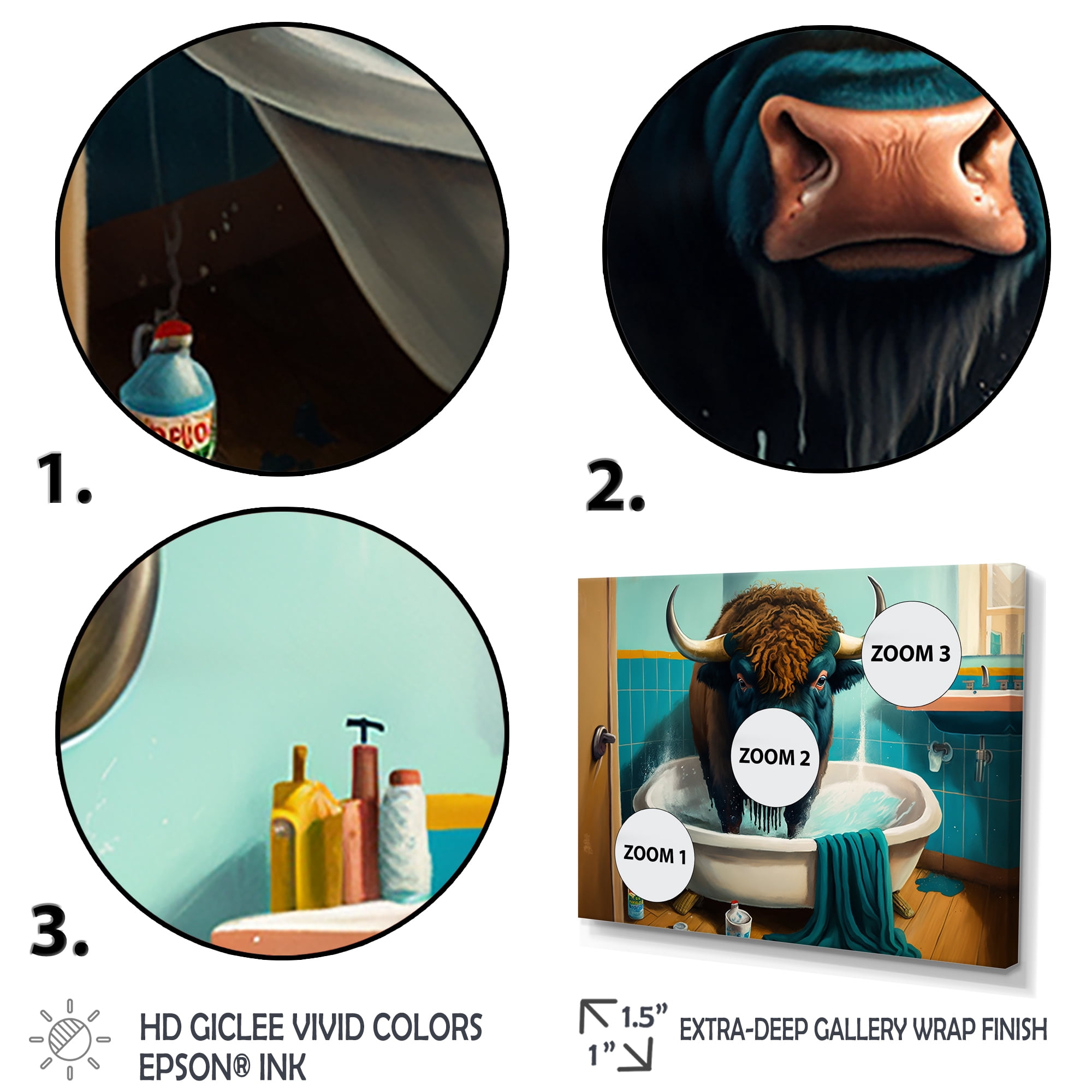 Designart Bison Cartoon Making A Mess In The Tub Canvas Wall Art
