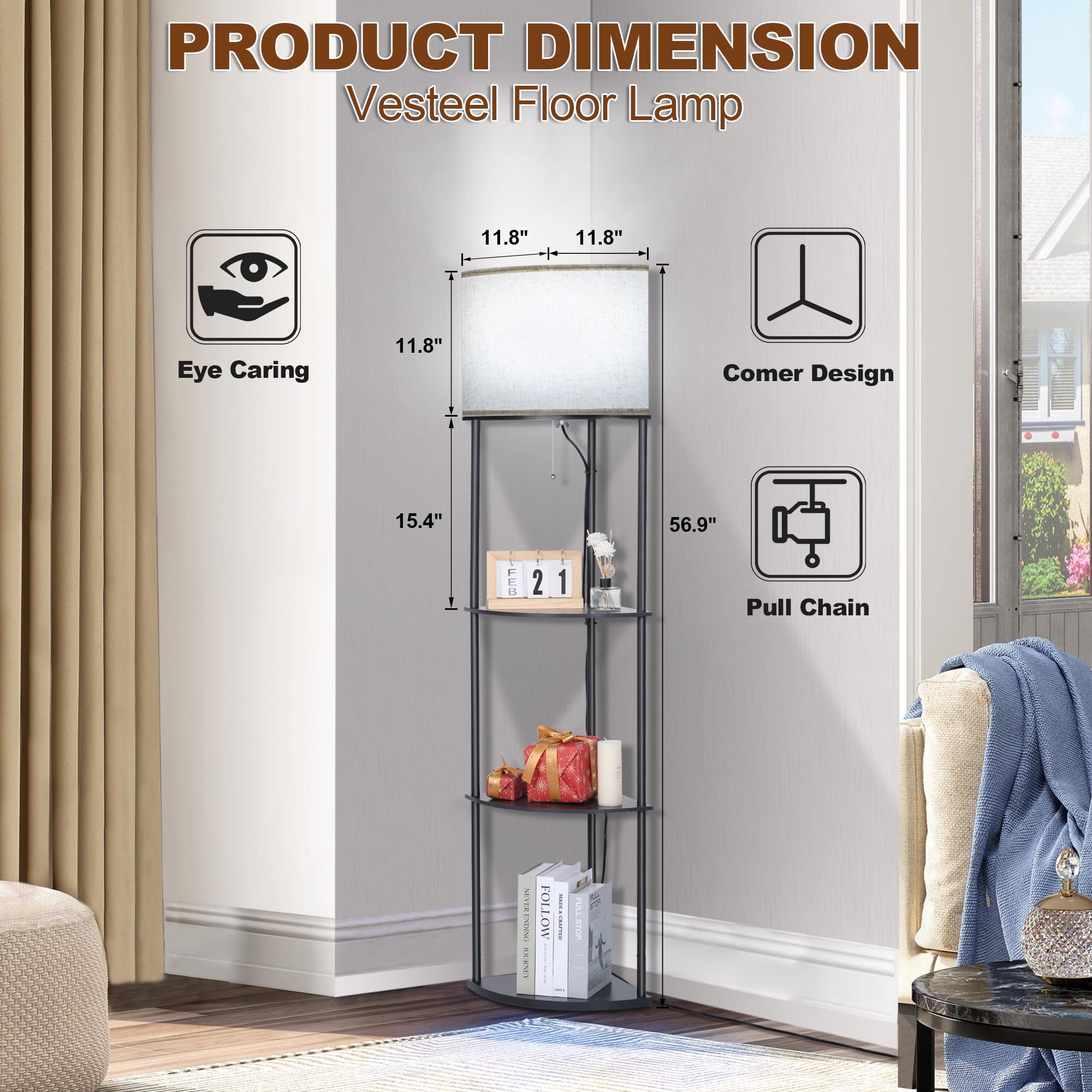 Vesteel Corner Floor Lamp for Living Room, Standing Lamps with with 3-Tier Shelves & 3 Color Temperature LED Bulb, Tall Lamp for Bedroom Reading Room & Office