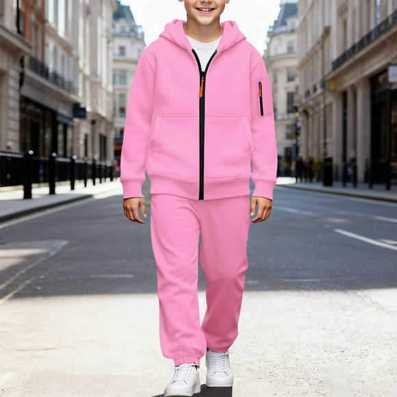 Ensemble de Sport 2 Pcs pour Garçons, Chandail à Capuchon à Fermeture à Glissière et Pantalon de Jogging, Survêtement Léger en Molleton pour Enfants (Rose, 12-13 Ans)