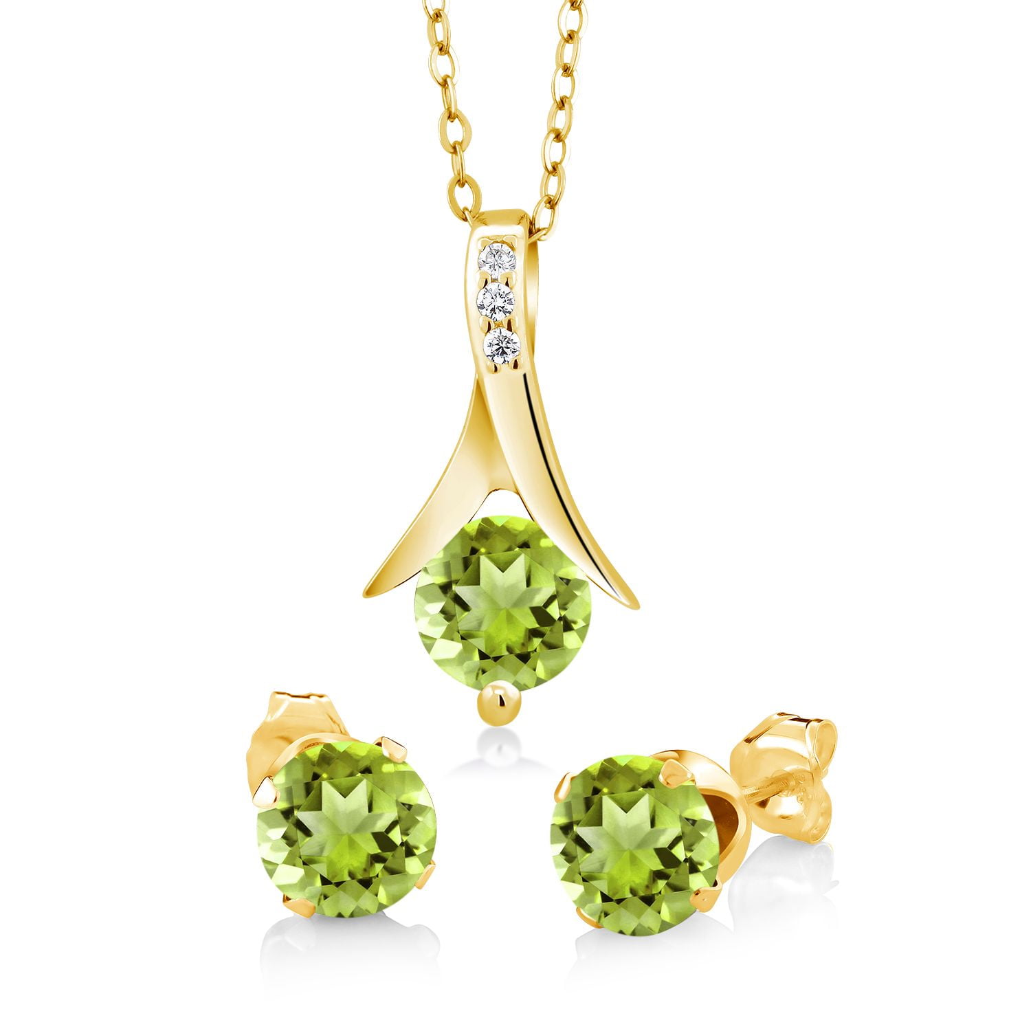 Gem Stone King 18K Yellow Gold Plated Silver Green Peridot Pendant and Earrings Jewelry Set for Women | 3.00 Cttw | 6MM Round Gemstone Birthstone | With 18 inch Chain