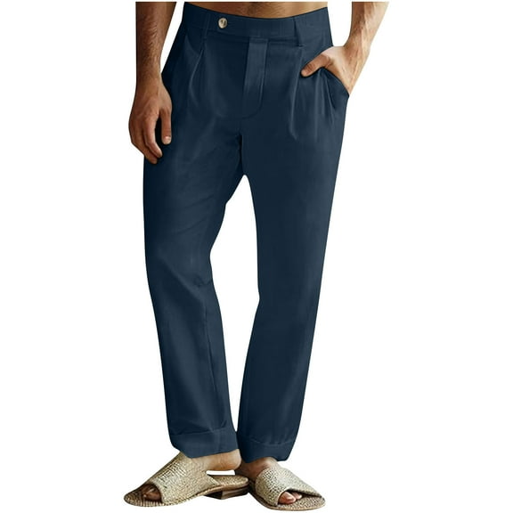 Mens Linen Pants Pleated Elastic Waist Casual Lightweight Trousers Relaxed Fit Straight Leg Pleated Slacks with Pockets (3XL, Navy)