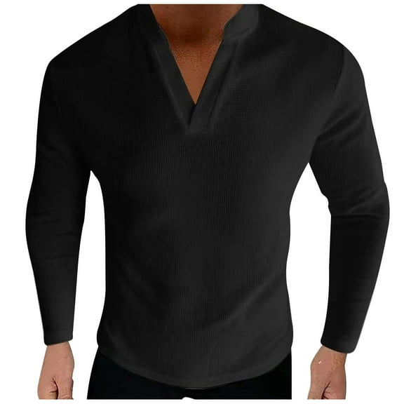 Tawop Mens Shirts Long Sleeve V Neck Solid Casual Black L