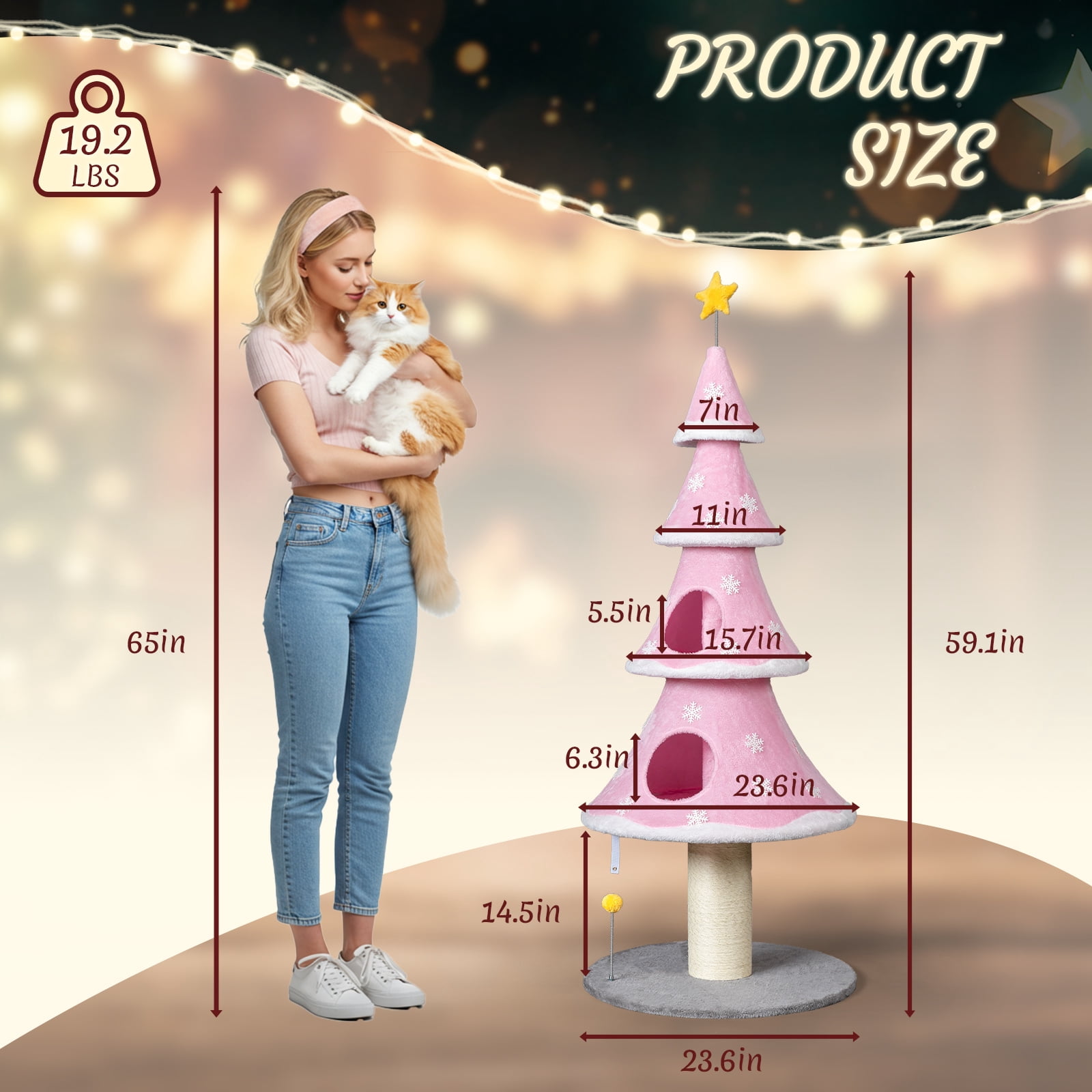 Ktaxon 59in Large Christmas Tree Cat Tower with 2 Condos, Scratching Post, Soft Fleece, Teaser Toy & Sturdy Base, Pink