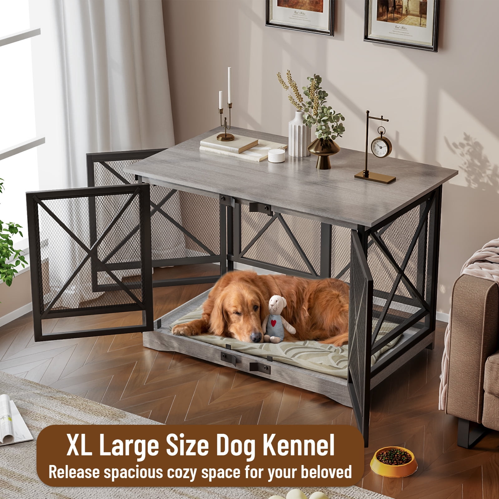 48 inch Extra Large Dog Crate Furniture,Double Door Indoor Kennel,End Side Table Wooden Dog Crates,Anti-Chew Anti-Escape, Gray