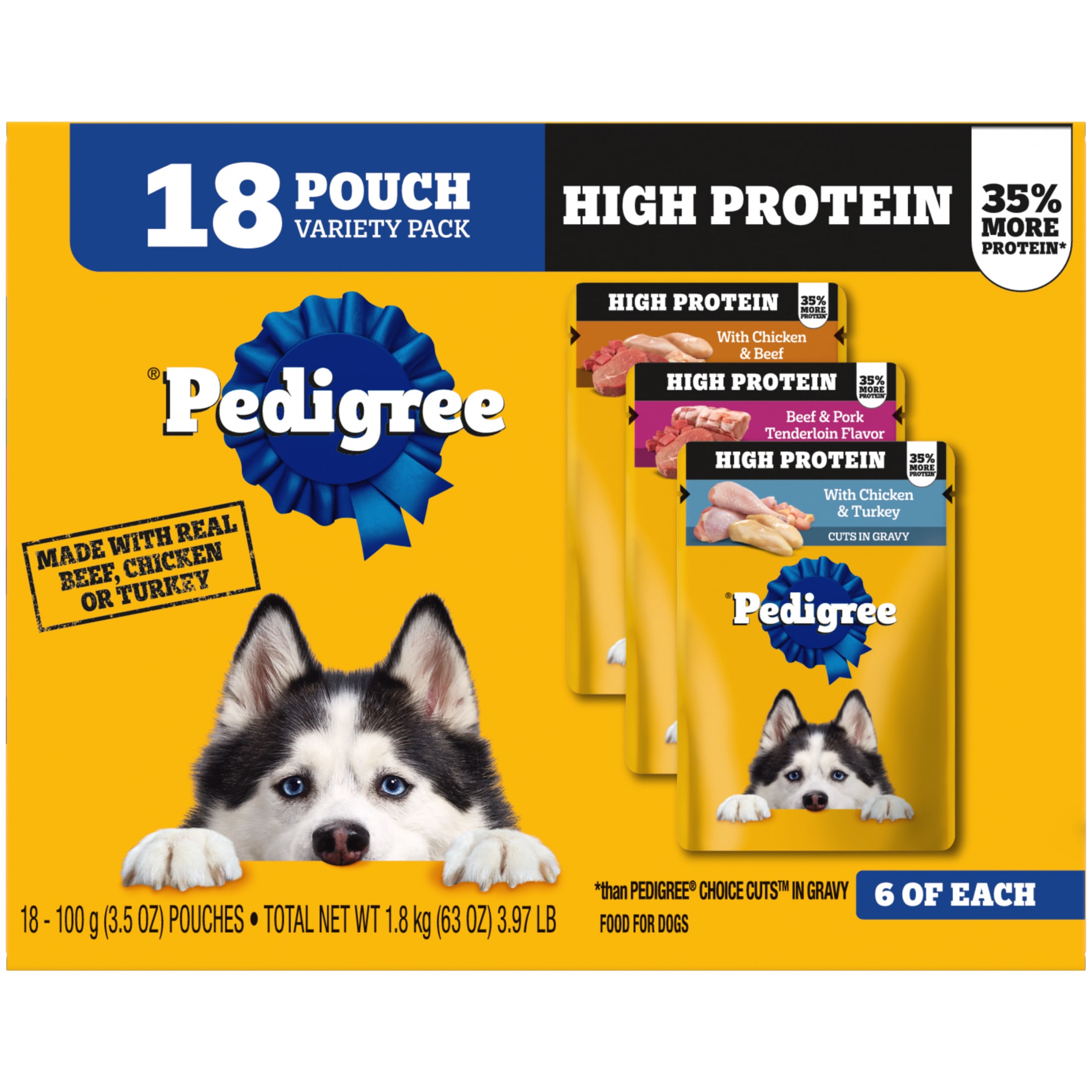 Pedigree High Protein Dog Food Wet Variety Pack Pouches, 3.5 oz. Pouches, 18 Count