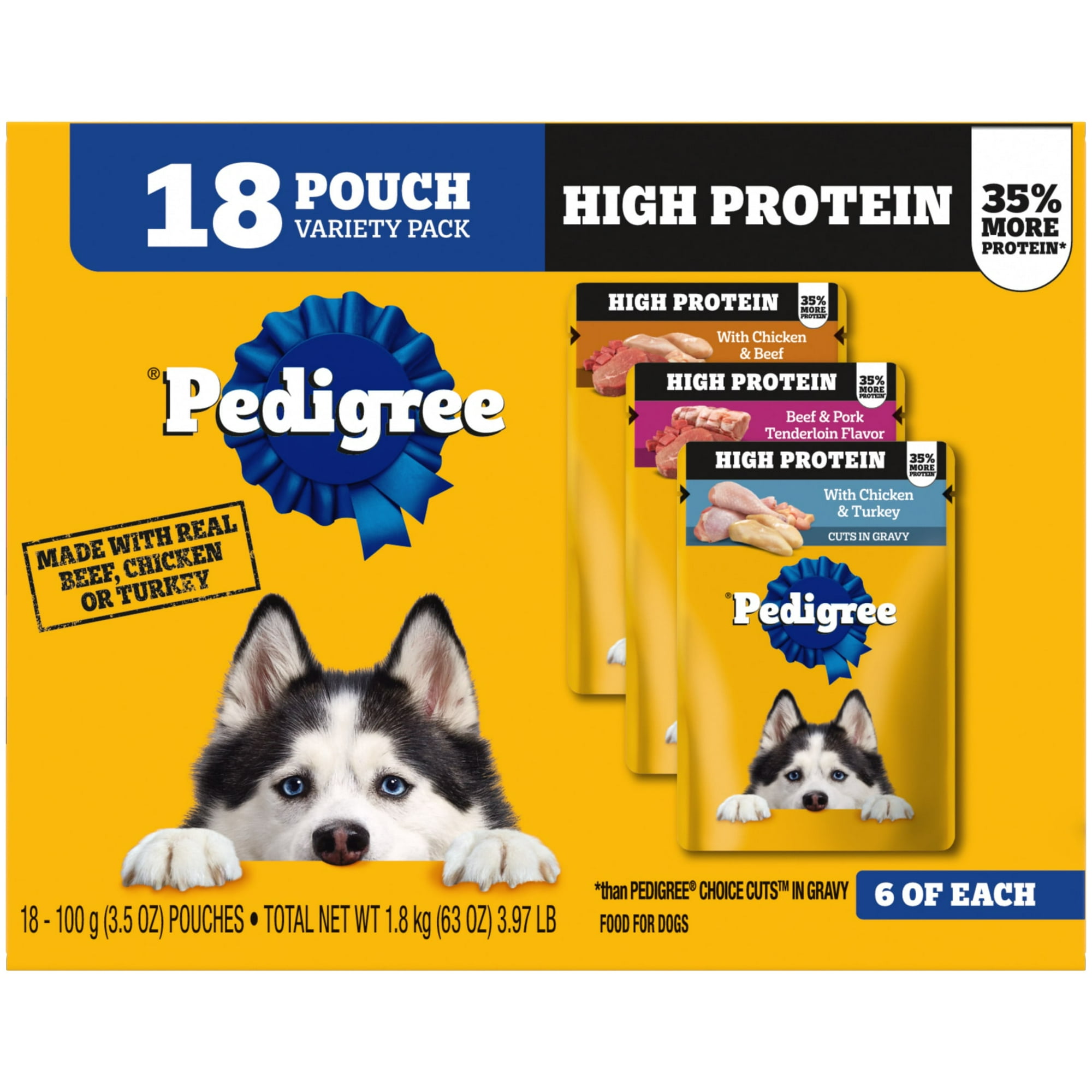 Pedigree High Protein Dog Food Wet Variety Pack Pouches, 3.5 oz. Pouches, 18 Count