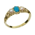 thumbnail image 1 of LBG British Made 14k Yellow Gold Natural Turquoise & Cultured Pearl Womens Trilogy Ring - 33 size options - Sizes 4 to 12 Available, 1 of 5