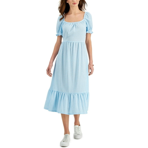 Charter Club Gingham Flounce Trim Dress Blue Glacier Combo S