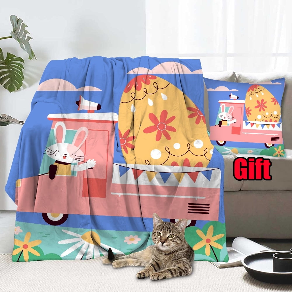Dicasser Easter Happy Bunny Blankets With Pillowcase Soft Warm Cozy