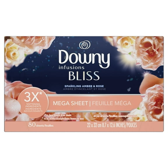 Downy Infusions Mega Dryer Sheets, BLISS, Amber and Rose, 80 Count  ( 2 Packs )