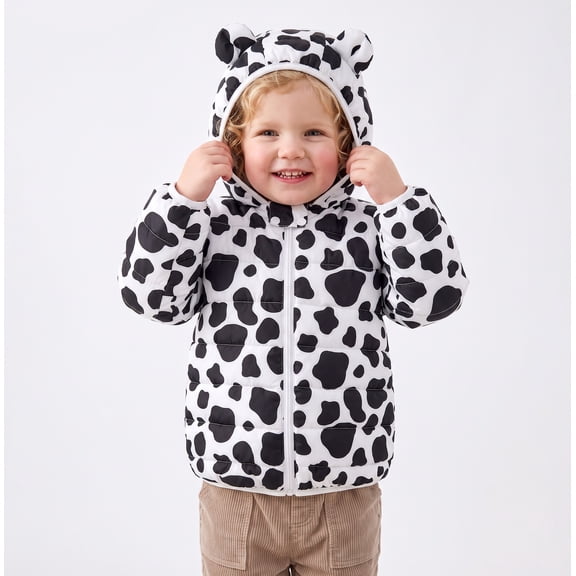 PatPat Toddler Winter Jacket Hooded Zip Puffer Coat Cow Print Black White 3Y