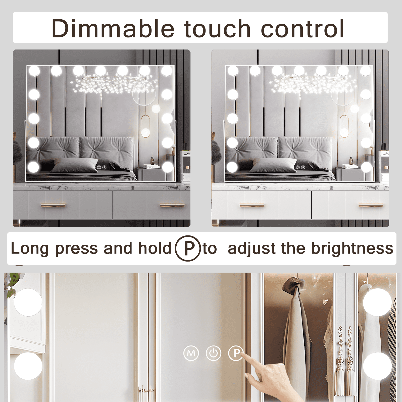 CONGUILIAO Hollywood Vanity Mirror with Lights, Vanity Makeup Mirror with 15 LED Bulbs, 3 Color Lighting Modes, USB Port, Smart Touch Control