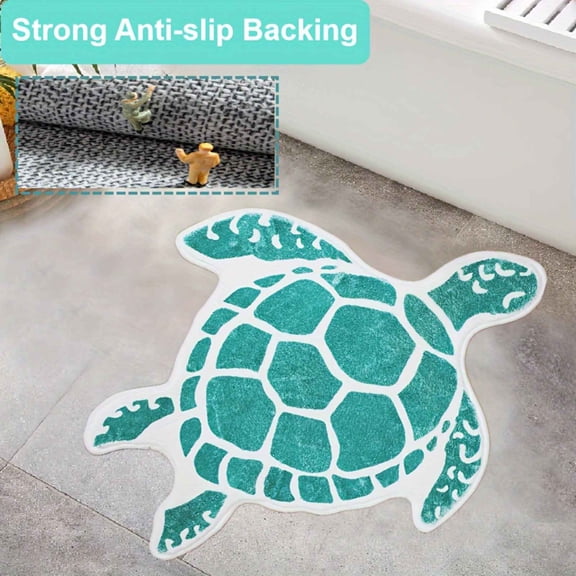 63cm Sea Turtle Shaped Bath Mat - Non-Slip Backing Teal Coastal Bathroom Rug for Shower, Tub & Beach House Decor