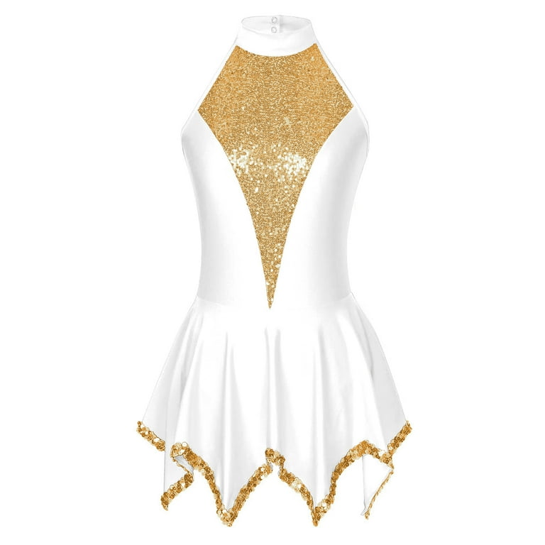 TiaoBug Women's Figure Ice Skating Dress Halter Shiny Sequin Roller Skating  Lyrical Dance Costume White S - Walmart.com