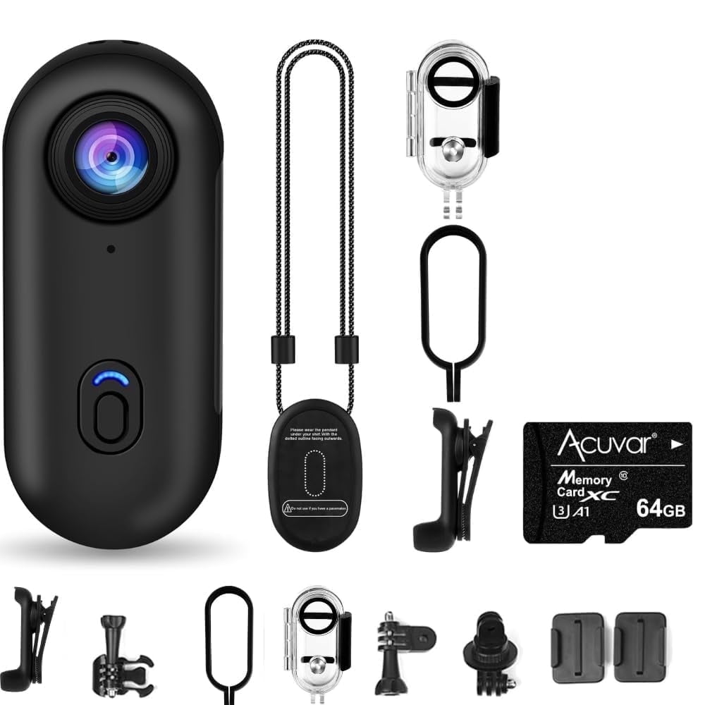 Acuvar 64GB FHD 1080P Mini Body Camera, Wearable Thumb-Size Action Cam, Hands-Free Body Worn Recorder for Work, Travel & Pet Walking (Black)