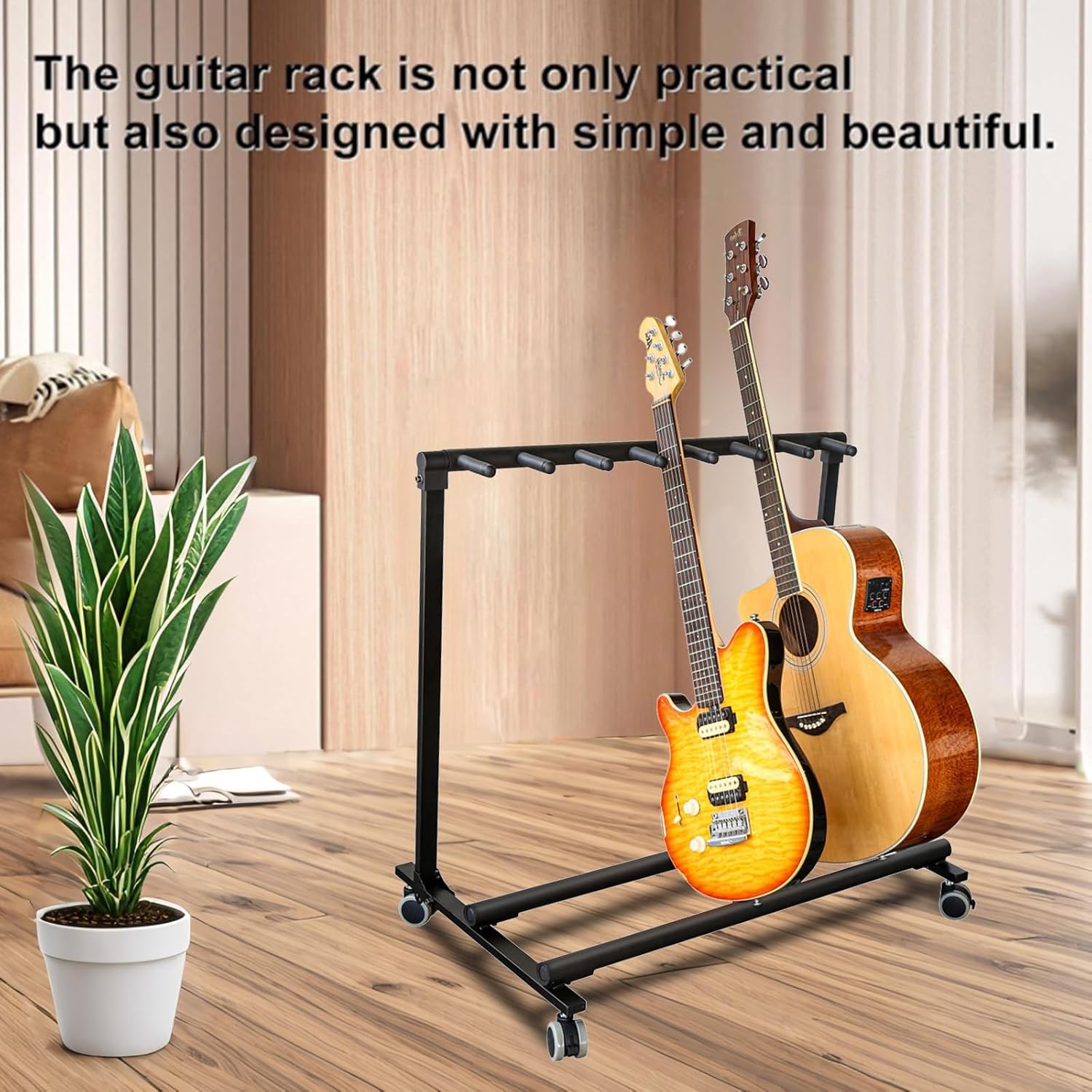 Soonbuy Multi Guitar Stand Rack With Wheels, Foldable Guitar Stand Display Rack With No-Slip Rubber Padding, Storage Rack for Home Band Stage Bass Acoustic Electric Studio Use, Black